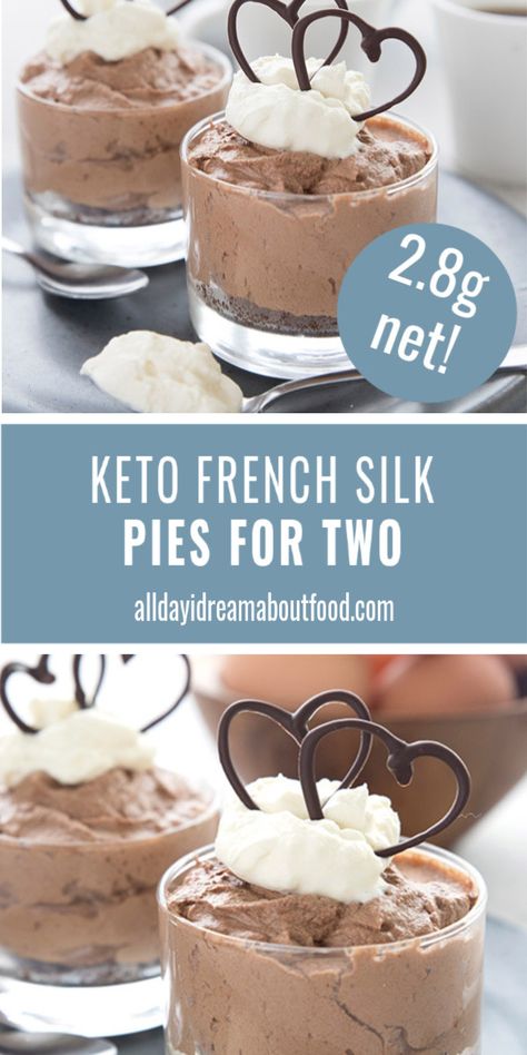 French silk pie has been keto-fied! Sweet little no-bake French Silk Pies for two, a perfect dessert for you and your honey. So easy to make and only 2.8g net carbs per serving. So rich and chocolate-y! #ketodesserts #frenchsilk #chocolatedesserts #smallbatch #easyketodesserts Pies For Two, Silk Pie Recipe, French Silk Pie, Valentines Recipes Desserts, Silk Pie, Low Carb Cheesecake, Thm Desserts, Low Carb Dessert, French Silk