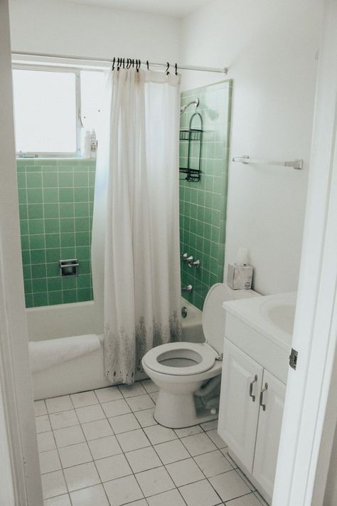 Rental Before And After, Rental Shower Makeover, Old Bathroom Makeover, Ugly Wallpaper, Small Rental Bathroom, Ugly Bathroom, Rental Bathroom Makeover, Rental Makeover, Rental Home Decor