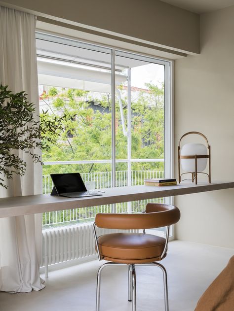 Madrid Apartment, Floating Desk, Apartment Renovation, Mobile Bar, Desk Space, Floor To Ceiling Windows, Australian Homes, Floor Patterns, Blue Walls