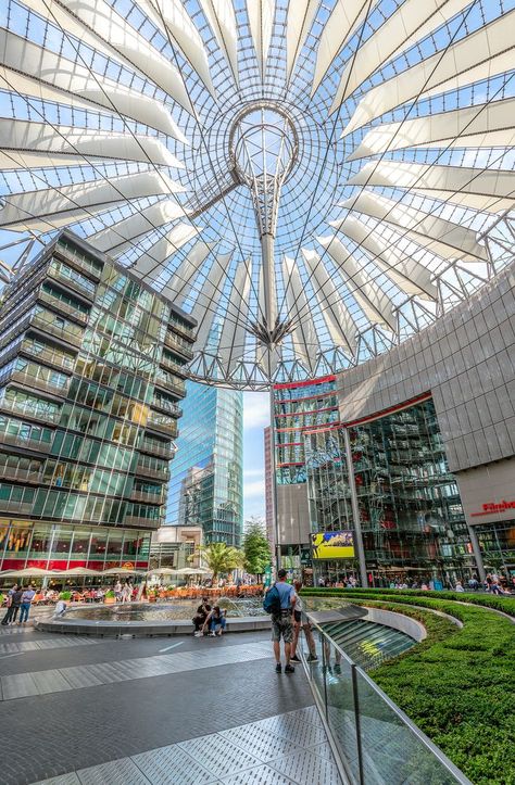 Futuristic architecture of the Sony Center at Potsdamer Platz, Berlin, Germany Sony Center Berlin, Berlin Germany City, Sony Center, Museum Island, Berlin Photos, Art Through The Ages, Berlin Travel, Berlin City, Sustainable Tourism