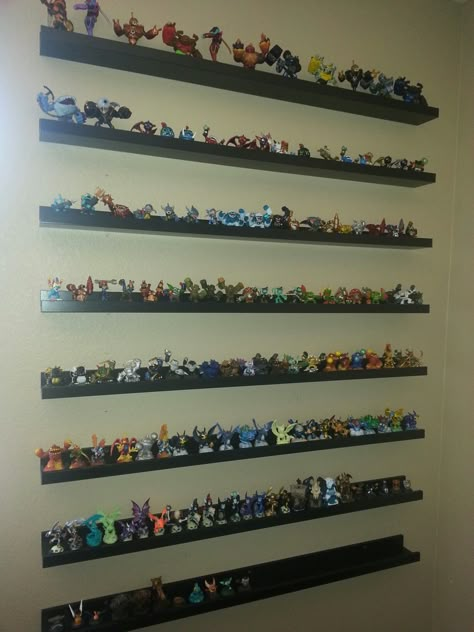 SKYLANDERS Display- Perfect shelves are RIBBA picture frame shelves from IKEA !  Worked great!  Yes, My Son, Liam has a TON of them.. and why I wanted to get them organized, easily accessible for him.. and they make a great display in the gameroom! Skylanders Display, Warhammer Display, Glass Shelves Ikea, Amiibo Display, Gamer House, Frame Shelves, Avengers Room, Lego Dimensions, Picture Frame Shelves