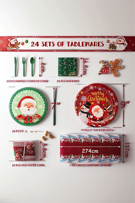 Party Spot! 240 pcs Christmas Party Decorations Kit, 24 Sets of Disposable Dinnerware, Christmas Paper Plates, MERRY CHRISTMAS Balloons, Tablecloth, Christmas Party Supplies Indoor