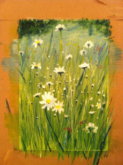 Long Grass Painting, Flowers And Grass Painting, Grassy Meadow Painting, Flowers In Grass Painting, Tall Grass Painting, Painting Grass With Acrylics, Grass Acrylic Painting, Painting Blinds, Spring Wild Flowers