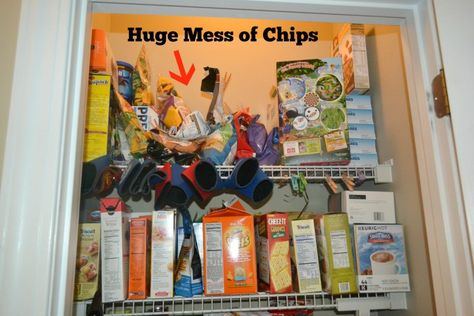 A new way to organize bags of chips in the pantry. Get them off the shelf with this easy way to store and get into the bags. You don't need to remove chips and put them in any fancy canisters. Storing Chip Bags In Pantry, How To Store Chips Bags In Pantry, Ways To Store Chips, Pantry Chips Organization, How To Organize Chips In Pantry, Organize Chips In Pantry, Chip Organization Storage Ideas, Chips Storage Ideas, Chips Organization