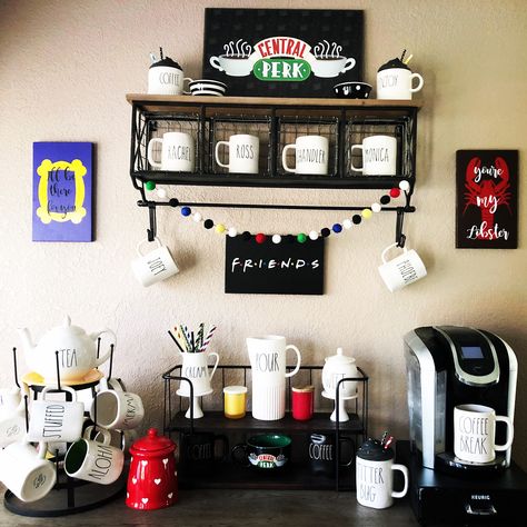 #centralperk #raedunn #friendstvshow #coffeebar Friends Inspired Coffee Bar, Friends Themed Room Ideas, Friends Theme Room Decor Ideas, Friends Themed Coffee Station, Central Perk Themed Coffee Bar, Central Perk Coffee Bar Ideas, Friends Themed Kitchen Decor, Friends Theme Kitchen, Friends Themed Coffee Bar