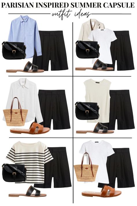 Graphic of 6 different outfit combinations featuring black bermuda shorts part of a spring capsule collection. Parisian Summer Outfits, France Versailles, Parisian Chic Outfits, Style Parisian Chic, French Outfits, Realistic Fashion, French Chic Fashion, Dress Like A Parisian, Parisian Outfits