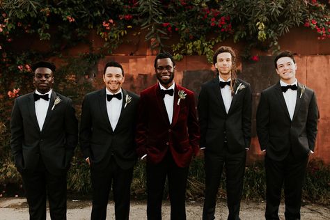 Jewel Tone Bridal Party Groomsmen, Moody Wedding Groomsmen, Jewel Tone Wedding Suit, Jewel Tone Wedding Groom, Velvet Groomsmen Attire, Jewel Tone Groomsmen Attire, Wine Velvet Suit, Christmas Groomsmen, Fall Wedding Groomsmen