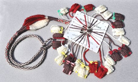 Andean-style sling braided on a card, starting with an 8-strand loop, joined to make an16-strand braid, 8 threads added for 24-strand diamonds and 8 more for a core before weaving the cradle. From our new book that is due out in Fall 2017, "Andean Braiding Traditions and Techniques: From Peru, Bolivia, and Around the World". Braids Without Beads, Kumihimo Tutorial, Blending Techniques, Paracord Braids, Kumihimo Braiding, Yarn Embroidery, Lucet, Perle Cotton, Braid Patterns