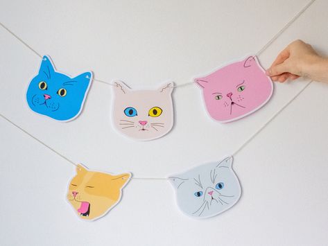 Cat Theme Classroom, Cat Themed Party, Cat Garland, Cat Banner, Cat Party Decorations, Pastel Cat, Cat Themed Parties, Motto Party, Wall Art Cat