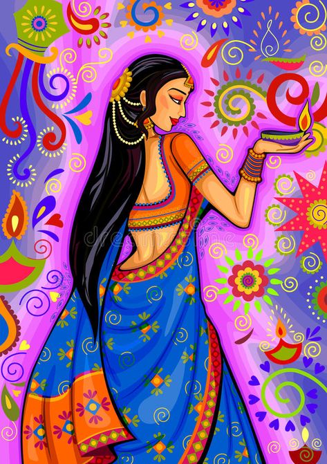 Illustration about Vector design of Indian woman with diya decoration for Diwali festival celebration in India. Illustration of dussehra, greeting, ethnicity - 78149605 Diwali Drawing Painting, Diwali Drawing Painting Ideas, Painting Ideas Indian, Decoration For Diwali, Diwali Painting, Festival Paint, Diwali Drawing, Indian Traditional Paintings, Diya Decoration