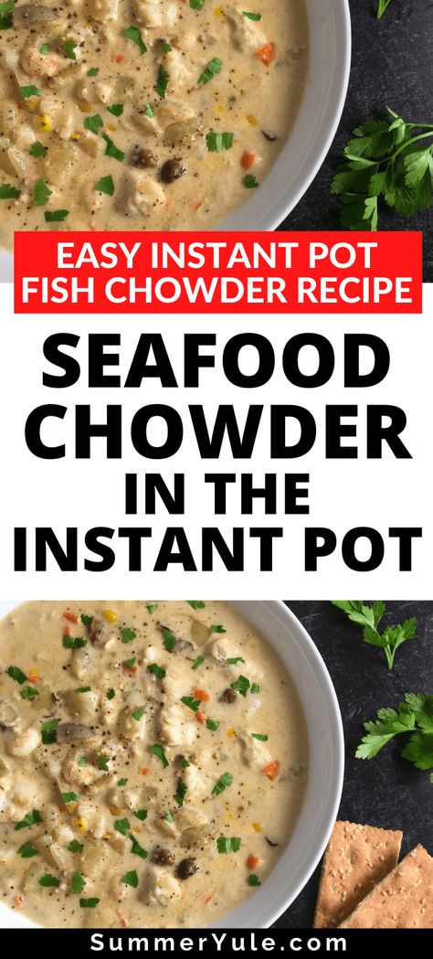 Seafood lovers rejoice! This Instant Pot Seafood Chowder recipe is here to make your day. It's made with cod fish, shrimp, and canned smoked oysters (instead of the bacon found some traditional chowders). This creamy, delicious Instant Pot chowder cooks quickly in an electric pressure cooker. Get directions and nutrition info on this seafood dinner recipe that makes a fast weekday meal. #instantpot #pressurecooker #fish #seafood Instant Pot Seafood Soup, Instant Pot Fish Soup, Insta Pot Clam Chowder, Clam Chowder Recipe Instant Pot, Instant Pot Chowder, Cod Instant Pot Recipes, Instant Pot Seafood Chowder, Instapot Fish Recipe, Instapot Seafood Recipes