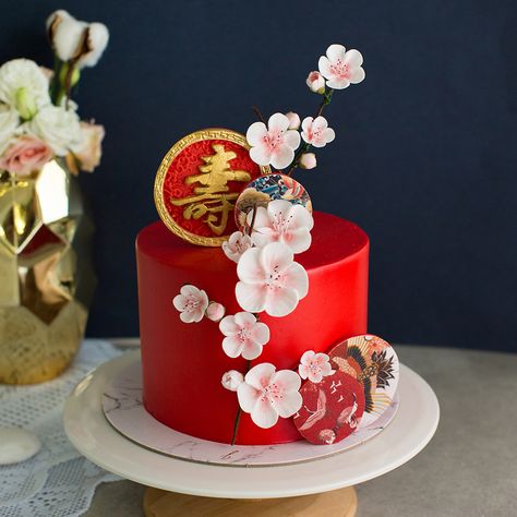 Asian Cake Decoration, Chinese Cake Design Birthdays, Mulan Cake Birthday, Asian Cakes Birthday, Asian Themed Cake, Cny Cake, Chinese Theme Cake, Hibachi Cake Ideas, Hibachi Birthday Cake