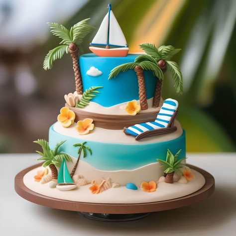 Beach Cake Ideas, Swan Cakes, Caravan Cake, Boys Bday Cakes, Tropical Birthday Cake, Cake Designs For Kids, Beach Themed Cakes, Sea Cake, Beach Cake