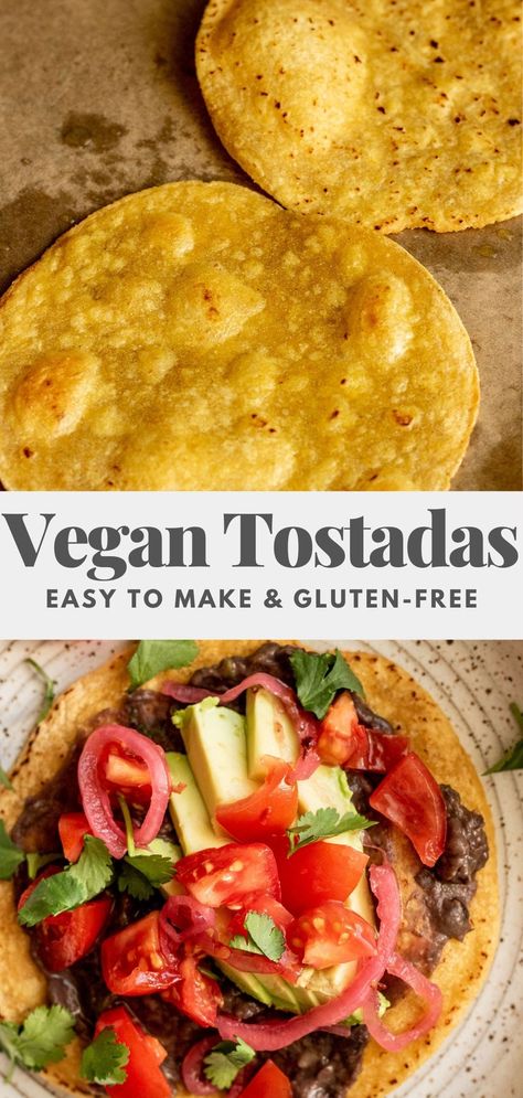 Vegan Tostada Recipes, Meals With Refried Beans, Poolside Sandwiches, Vegan Dough, Vegan Tostadas, Spanish Dish, Vegan Refried Beans, Bean Tostadas, Bean Dishes