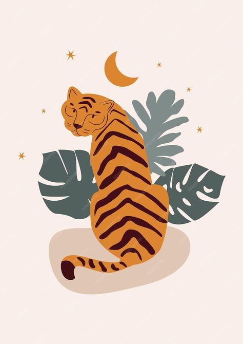 Sentado tigre chino en estilo asiático boho escena minimalista dibujo de tigre plano de dibujos animados moderno ilustración de vector de stock | Vector Premium Paint Ideas, Stock Vector, Paint, Collage, Pins