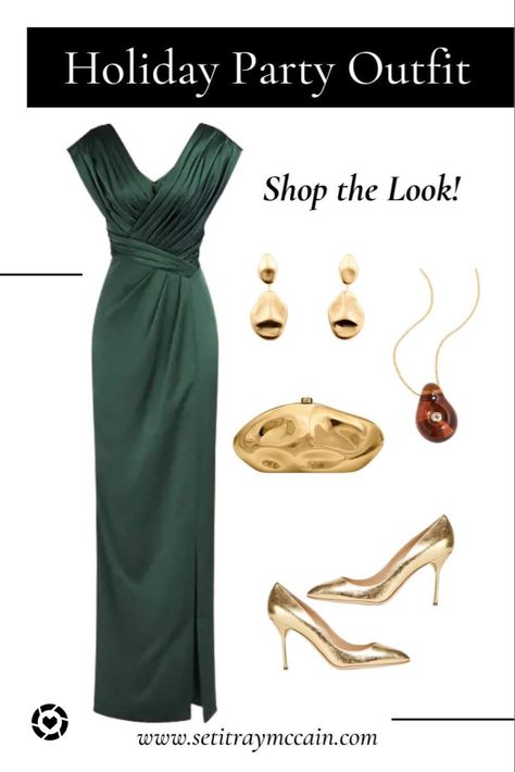 Holiday Party outfit Inspo. This lovely green maxi dress will be great for any special occasion. Dinner Vacation, Party Dress Christmas, Green And Gold Dress, Green Evening Dress, Designer Outfit, Necklace Luxury, Gold Purse, Heels Gold, Lizzie Fortunato