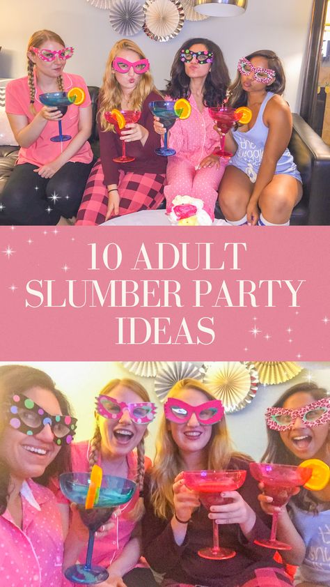 Woman Slumber Party Ideas, 50th Birthday Slumber Party Ideas, Women’s Sleepover Ideas, Women’s Slumber Party Ideas, Pajama Party For Adults, Women’s Slumber Party, Girlfriends Party Ideas, Grown Up Sleepover Ideas, Pajama Theme Party For Adults