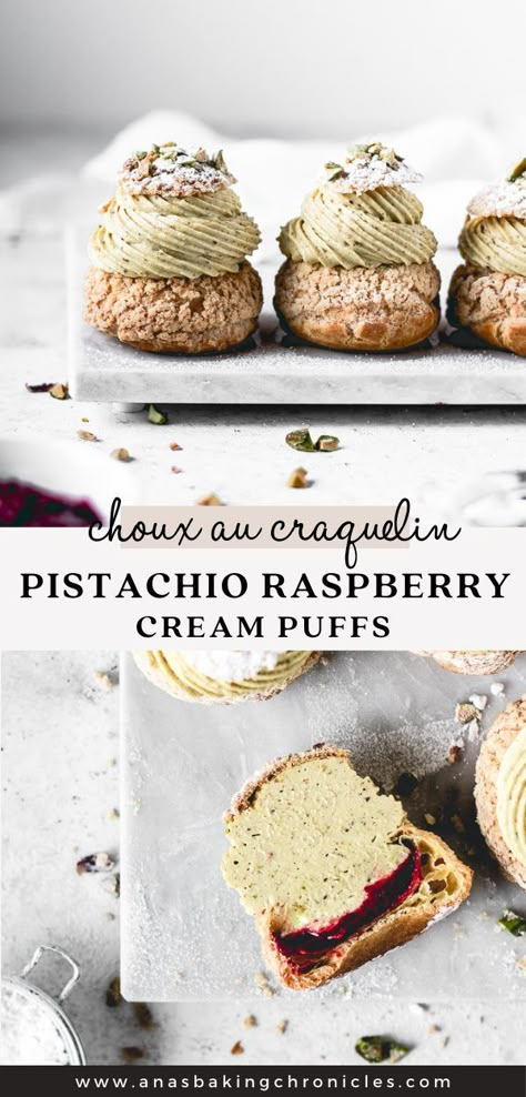 Raspberry Pistachio Eclairs, Raspberry Pistachio Desserts, Choux Filling Ideas, Holiday Cream Puffs, Cream Puffs With Craquelin, Easter Cream Puffs, Cute Cream Puffs, Pistachio Puff Pastry, Pistachio Cream Puffs