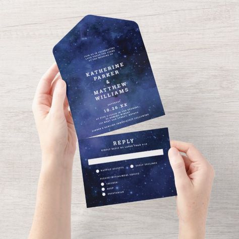 UNDER THE STARS Starry Nighttime Wedding All In One Invitation Night Sky Wedding, Sky Wedding, Stars Wedding, Night Time Wedding, Night Stars, Pretty Star, Rsvp Postcard, Starry Night Sky, Unique Invitations