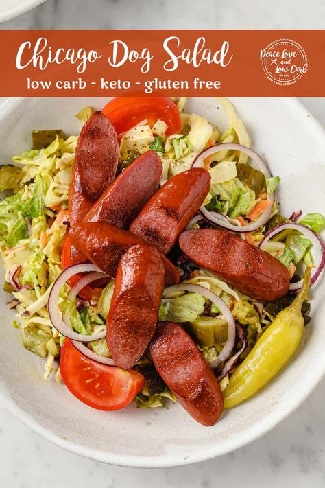 This Chicago Dog Salad has all the traditional flavors of a Chicago style hot dog, but in a delicious low carb salad recipe. Lettuce and cabbage, tossed with a sweet mustard dressing, topped with grilled all-beef hot dogs and piled high with red onion, tomato, pickles, pickled peppers, and finished with a sprinkle of celery salt. With minimal ingredients and less than 30 minutes to prepare, it's the perfect light meal for a summer day. Hot Dog Salad, Chicago Dog Recipe, Filling Salad Recipes, Chicago Style Hot Dog, Salad Recipes Low Carb, Chicago Hot Dog, Pickled Peppers, Celery Salt, Chicago Dog