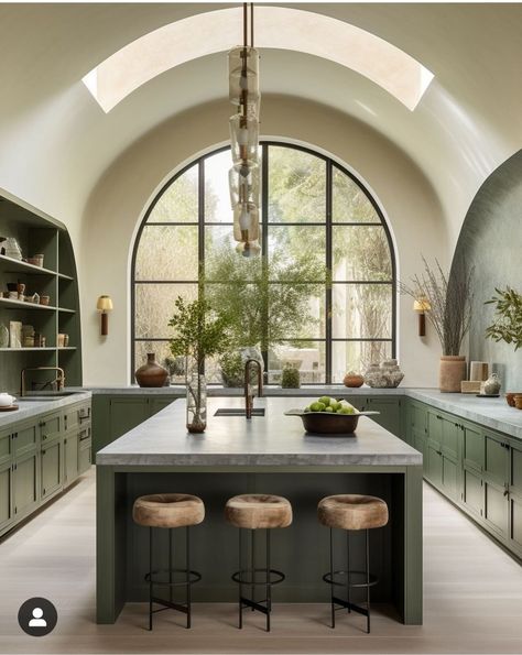 Barrel Vault Ceiling Kitchen, Kitchen With Round Island, Barrel Ceiling Kitchen, Interesting Kitchen Islands, Arch Window Kitchen, Unique Kitchen Island Ideas, European Country Kitchen, Arched Kitchen, Spanish Mediterranean Kitchen