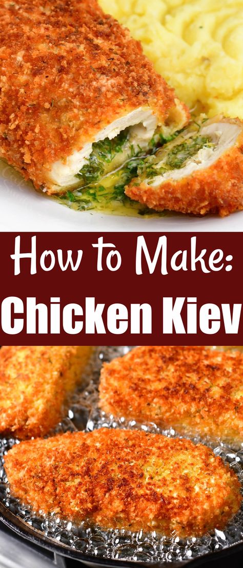 Chicken Keiv Recipe, Baked Chicken Kiev, Chicken Kiev Recipe, European Dishes, Comforting Dinner, Chicken Kiev, Chicken Rolls, Herb Butter, Chicken Dishes Recipes