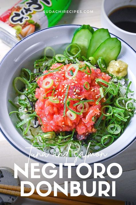 Negitorodon made with tuna and salmon in a white and blue bowl served with chopped spring onion, kizami nori, cucumber slices and wasabi Sashimi Bowl, Fried Rice Dishes, Salmon Spread, Tuna Sashimi, Healthy Bowls Recipes, Salmon Sashimi, Healthy Bowls, Homemade Sauce, Rice Bowl