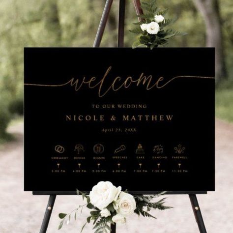 $24.95 | Black and Gold Wedding Welcome Sign with Timeline #wedding welcome sign with timeline, wedding signange, wedding welcome sign, elegant, minimalist, script, wedding timeline, modern simple, wedding timeline sign, black and gold Black Rose Gold Wedding, Gold Wedding Welcome Sign, Wedding Timeline Sign, Black And Gold Wedding, Tan Wedding, Creative Gifts For Boyfriend, Wedding Posters, Neutral Wedding, Wedding Timeline