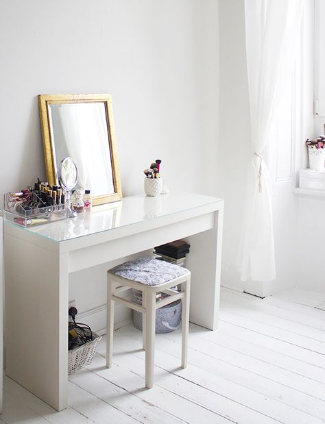 The IKEA MALM dresser is the dressing table of the moment; its affordable at only £95 and it... White Bedroom Vanity, Ikea Malm Desk, Small White Bedrooms, Ikea Dressing Table, Ikea Malm Dressing Table, Dresser Makeup, Malm Dressing Table, Ikea Vanity, Ikea Malm Dresser