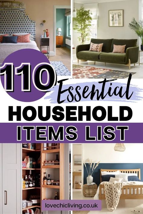 Here' a comprehensive list of all the essential households you need for a new home. From household supplies, to furniture, to accessories and more, start collating your common household list now. Click to read more. Household Supply List, Essential Household Items List, List Of Items For New Home, Organizing A New Home, New Home Essentials List, Household Items Checklist, Household Items List, Home Essentials List, Household List