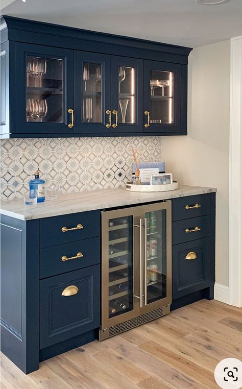 Navy Blue Kitchenette, Blue Coffee Cabinet, Blue Wet Bar, Navy Wet Bar Cabinets, Blue Cabinets Butcher Block Counter, Blue Cabinets Wet Bar, Navy Blue Wet Bar Cabinets, Blue Kitchenette Basement, Red Appliances