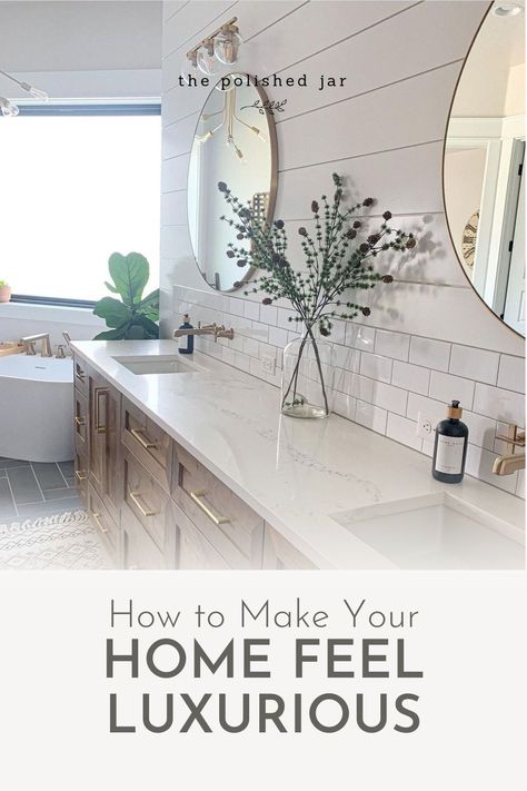 3 Ways to make your home feel luxurious. What does having a luxurious home mean to you? Use these 3 home decor tips to create the perfect home for you. Follow these simple tips to organize your home for 2022. Visit for more home decor tips that are perfect for any decor style. The perfect soap dispenser design with the perfect custom label. Refillable soap pump bottles, shampoo bottles. Kitchen, bathroom, vanity & countertop decor. Black Herringbone Tile Bathroom, Dark Grey Tile Bathroom, Black Herringbone Tile, Wood Double Vanity, Dark Tile Floors, Herringbone Tile Bathroom, Grey Bathroom Floor, Home Decor And Organization, Luxe Home Decor