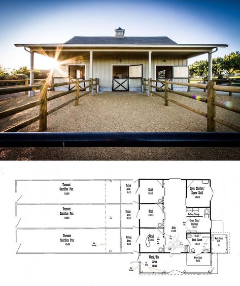 Small Equestrian Property Layout, Horse Stables Design Floor Plans, Horse Stall With Runs, Mini Horse Paddock, 4 Stall Barn Layout, Horse Ranch Floor Plans, 10 Acre Horse Farm Layout, Horse Paddock Ideas Layout, Barn Floor Plans Livestock