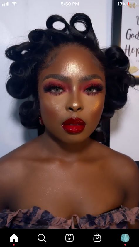 Red Makeup Looks On Black Women, Red Lip Looks Black Women, Red Glam Makeup Looks, Christmas Make Up Black Women, Red Makeup Look Black Women, Red Eyeliner Looks Black Women, Red Lip Makeup Black Women, Valentine Makeup Looks Black Women, Red Make Up Looks On Black Women