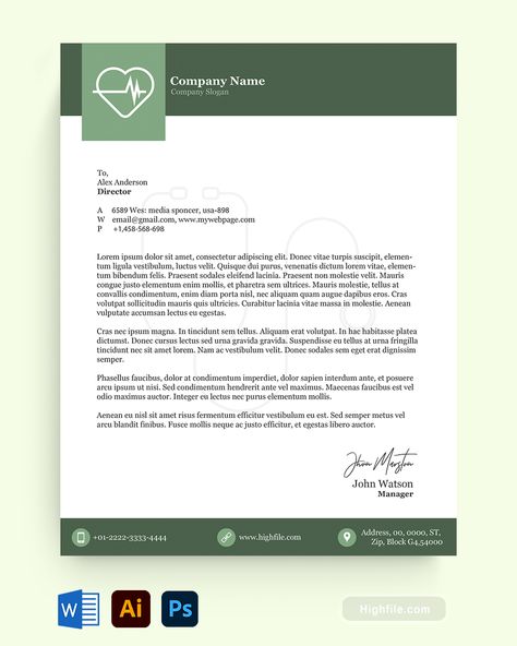 Free Doctor's Letterhead Template - Highfile Letterhead Design Inspiration, Letterhead Format, Free Letterhead Templates, Doctor Names, Letterhead Template, Letterhead Design, Free Medical, Company Slogans, Professional Image