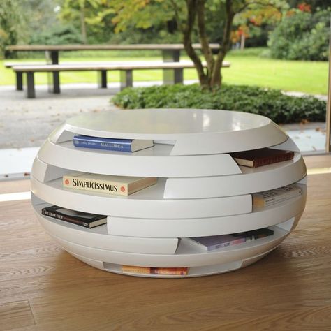 "Disc" - coffee table & bookshelf by Gabriella Asztalos Contemporary Coffee Table Design, Aquarium Coffee Table, Interaktives Design, Coffee Table Bookshelf, Coffee Table Design Modern, Funky Accessories, Deco Paint, Industrial Inspiration, Unique Coffee Table