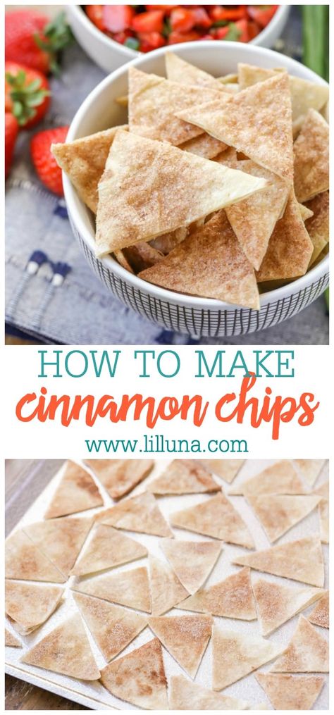 The perfect baked snack to dip in sweet desserts, frosting, salsas and more! Super easy to make a bunch, and serve with your favorite dessert dip! #cinnamonchips #cinnamon #chips #sweetchips #bakedcinnamonchips Cinnamon Chip Recipes, Tortilla Chips Recipe, Tortilla Chip Recipe, Cinnamon Tortilla Chips, Cinnamon Tortillas, Dessert Dip, Salsa Guacamole, Low Carb Snack, Cinnamon Chips