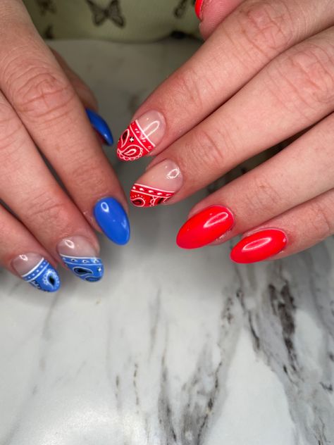 Short Bandana Nails, Western Fourth Of July Nails, Pink 4th Of July Nails, Fourth Of July Nails Designs, Bandana Nail Art, Blue And Red Nails, Labor Day Nails, Country Concert Nails, Red And Blue Nails