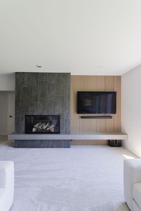 Concrete Mantle, Fireplace Modern Design, Fireplace And Tv, Wood Mantle Fireplace, Mantle Design, Contemporary Fireplace Designs, Fireplace Feature Wall, Basement Fireplace, Tv Wand