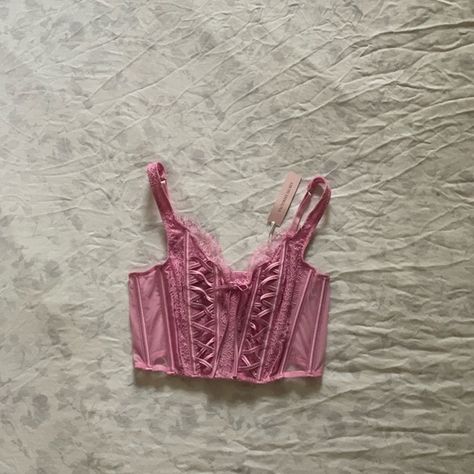 BRAND NEW Victoria Secret Pink Lace Corset Crop Top Victoria's Secret Lace Tops Bra Friendly, Victoria’s Secret Corset Top, Victoria's Secret Pink Lace Trim Camisole, Victoria's Secret Pink Camisole Top, Victoria's Secret Spring Tops With Built-in Bra, Lace Corset Top, Corset Crop Top, Lace Corset, Bubblegum Pink