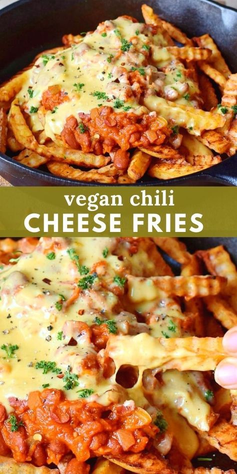 Chili Cheese Fries Recipe, Cheese Fries Recipe, Vegan Soul Food, Chili Cheese Fries, Vegan Cheese Sauce, Vegan Party, Vegan Chili, Fries Recipe, Chili Cheese