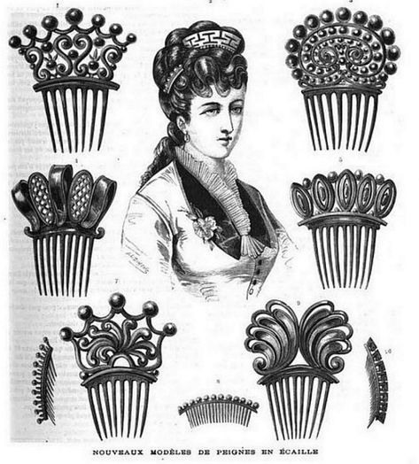 Designs In Hair, Edwardian Hairstyles, 1870s Fashion, Victorian Hair, Decorative Hair Combs, Victorian Hairstyles, Hair Comb Accessories, Vintage Hair Combs, Vintage Hair Accessories