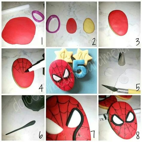 Spiderman cookies Spiderman Cookies Fondant, Spiderman Fondant Topper, Spiderman Cookies, Spiderman Cupcakes, Fondant Cake Tutorial, Spiderman Cake Topper, Spiderman Birthday Cake, Deco Pastel, Superhero Birthday Cake