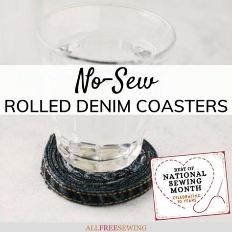 10 Minute No-Sew Denim Coasters (from Old Jeans!) Recycled Denim Crafts, No Sew Projects, Denim Coasters, Diy Bath Mat, Thrifty Crafts, Sewing Station, Denim Crafts Diy, Sew Projects, Sewing Shirts