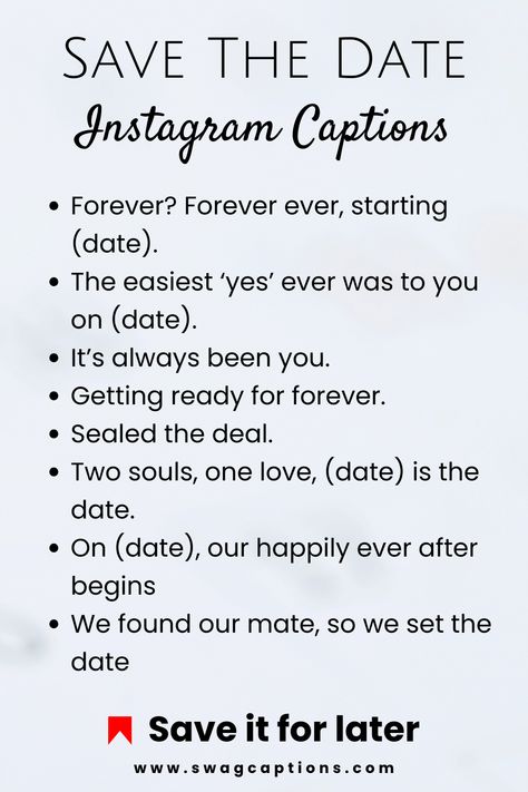 Planning your big day? Find the perfect 'Save The Date' Instagram captions to announce your wedding in style! From sweet and sentimental to funny and quirky, these captions will make your announcement unforgettable. Pre Wedding Quotes Funny, Wedding Date Quotes Couple, Save The Date Quotes Wedding, Save The Date Instagram Post, Wedding Announcement Captions, Save The Date Captions Instagram, Wedding Countdown Captions For Instagram, Save The Date Captions, Wedding Date Announcement Ideas