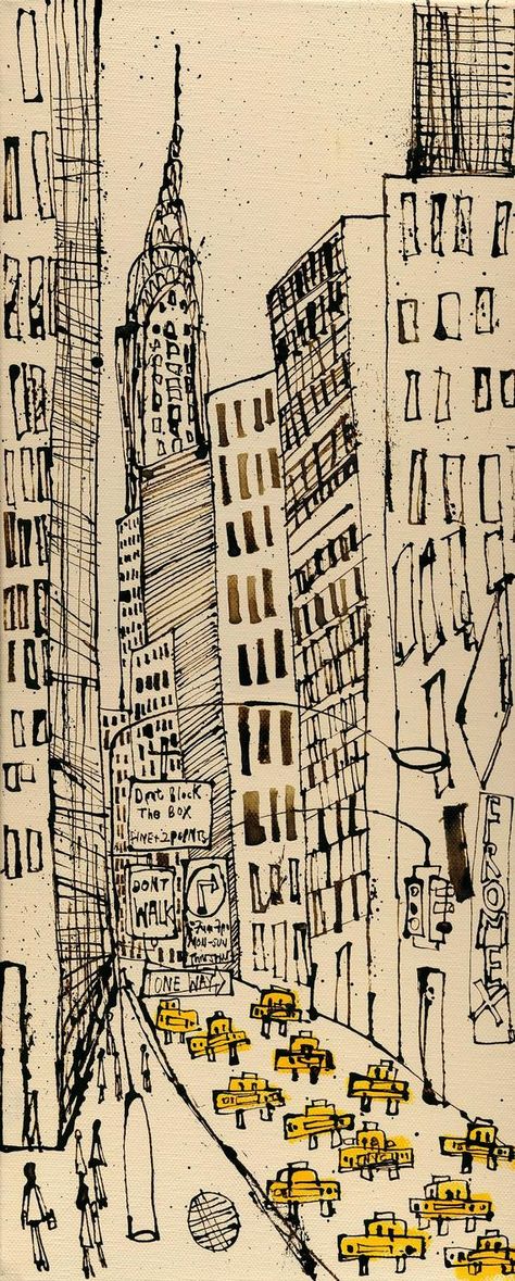 Nyc Art Print, New York Taxi, New York Canvas, City Drawing, Nyc Art, Chrysler Building, Summer 24, Funky Art, 그림 그리기