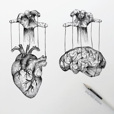 Alfred Basha, Surreal Drawings, Brain Graphic, Heart And Brain, Heart Brain, Brain Art, Hands Art, Graphic Photo, Sketchbook Drawings