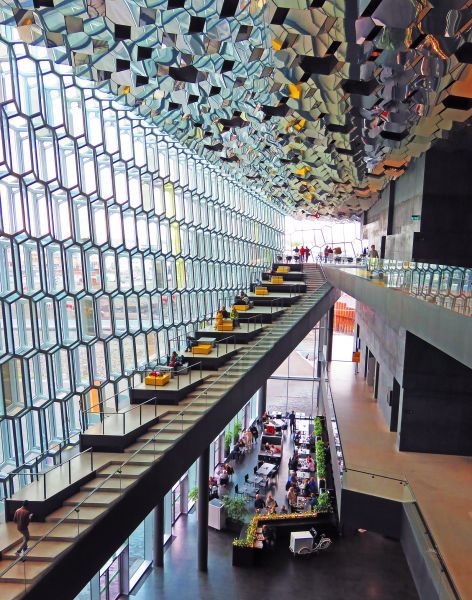 Building Circulation, Harpa Concert Hall, Architectural Facade, Atrium Design, Nendo Design, Henning Larsen, Aesthetic Architecture, Glass Building, Olafur Eliasson