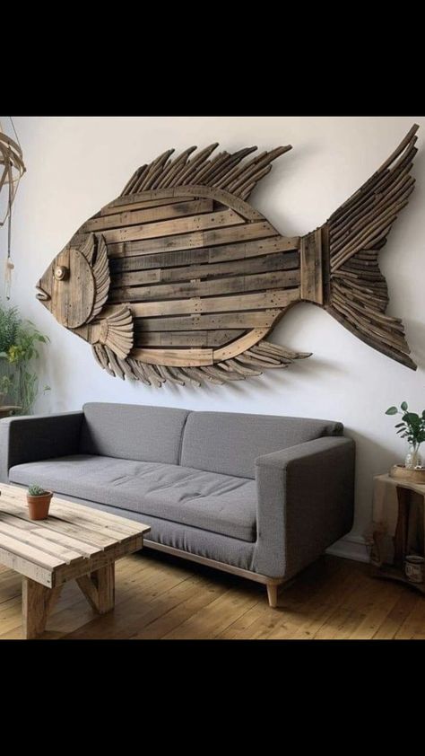 Wood Fish Sculpture, Homemade Beach Decor, Fish Wood Art, Driftwood Fish Art, Wood Fish Art, Wooden Fish Wall Decor, Wooden Fish Decor, Driftwood Fish, Driftwood Art Diy