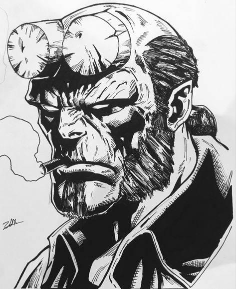 Comic Book Art Style Sketch, Hellboy Drawing, Hellboy Sketch, Hellboy Tattoo, Hellboy Art, Comic Art Sketch, Dotted Drawings, Drawing Superheroes, Military Drawings